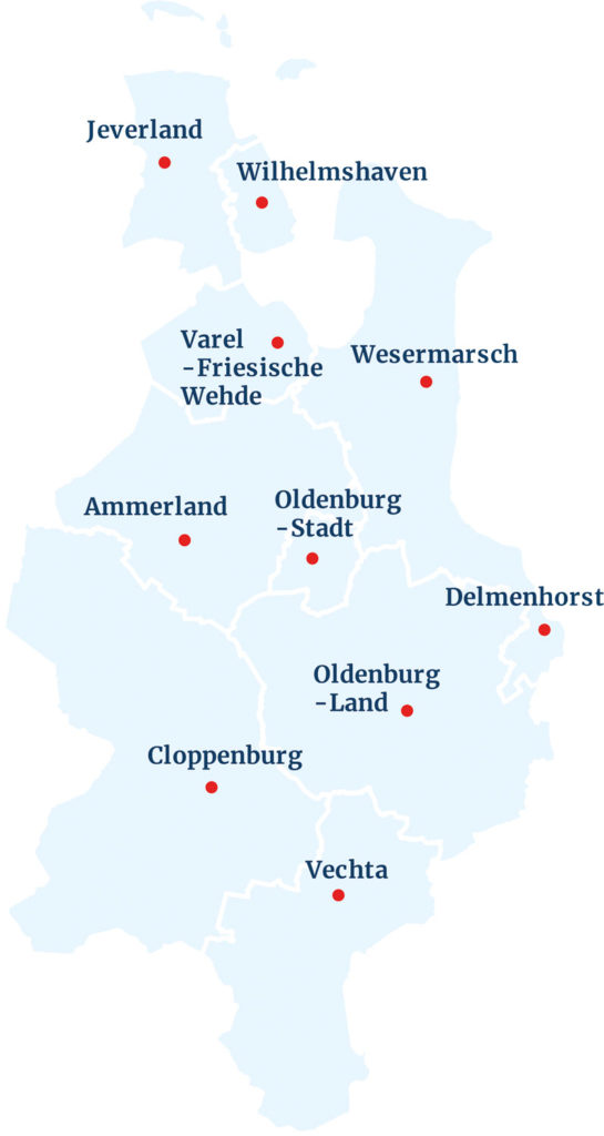 Karte der Kreisverbände im DRK-Landesverband Oldenburg